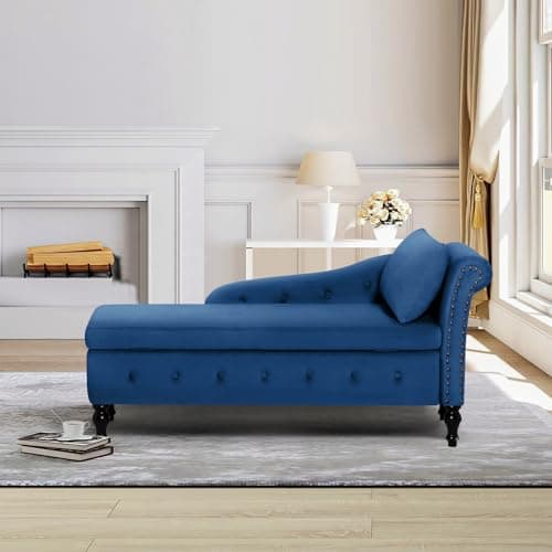Upholstered Chaise Lounge with Right Armrest & Lumbar Pillow,Button Tufted Lounge Sofa with Storage,Lounge Chair Indoor,Modern Velvet Lounge Chair for Bedroom, Living Room and Office,Blue