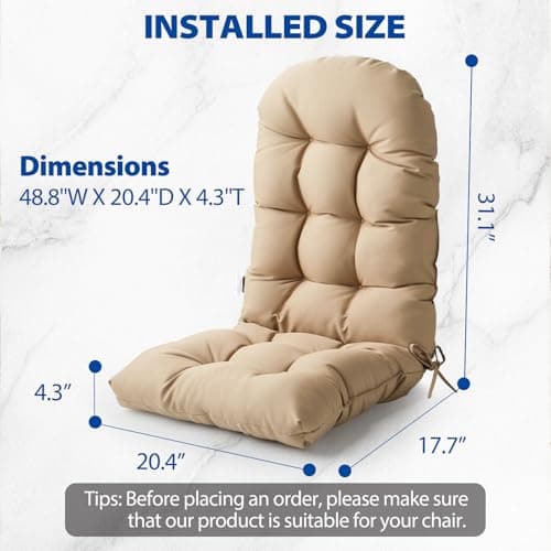 Adirondack Chair Cushion, High Back Patio Cushions with Adjustable Ties, 48.8 x 20.4 x 4.3, Waterproof Tufted Pillow, Fade Resistant Seat Rocking Chair Cushion for Indoor/Outdoor, Khaki, 1