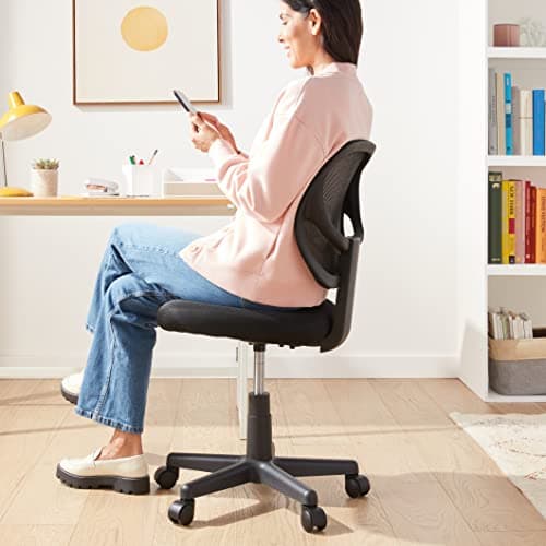 Amazon Basics Low Back Office Chair, Breathable Mesh, Height Adjustable, Padded Seat, Rolling Wheels, Swivel, Back Support, Sturdy, 21.25" D x 22.5" W x 38" H, Black