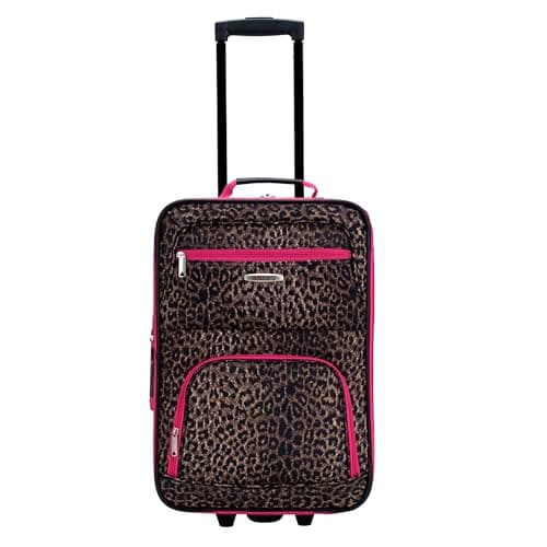Rockland Fashion Softside Upright Luggage Set, Expandable,Lightweight,Telescopic Handle,Wheel, Pink Leopard, 2-Piece (14/19)