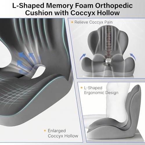 Ergonomic Office Chair Seat Cushion, L-Shaped Memory Foam Coccyx Cushion for Tailbone Pain Relief, Orthopedic Car Seat Cushion with Lumbar Support & Cutout Hollow for Sciatica & Back Pain (Grey