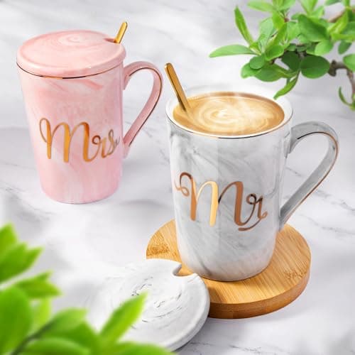 Gifts for Anniversary Bride and Groom, 14oz Ceramic Mr and Mrs Mug Set with Real Gold Foil, Greeting Card, Gift Box Biching Wedding Gifts for Couples 2026, Bridal Shower Engagement Gift B0CF3SG6DX