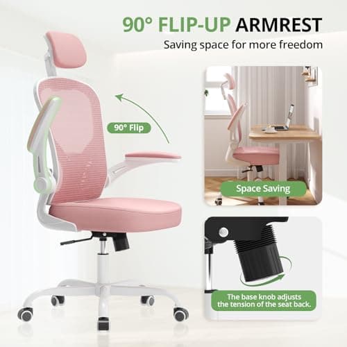 Office Chair Ergonomic Desk Chair, 330LBS Capacity, High Back Computer Design for Long Hours Comfort, Rolling Swivel Executive Task for Home Office with Flip-up Armrests, White Pink