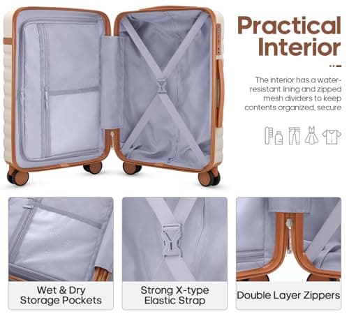 UKEIN Luggage Sets 3 Piece, Carry On Luggage 20In With Spinner Wheels,PC Hardside Suitcase Set with TSA Lock,Durable Carry On Suitcase With Travel Backpack for Men (Beige, 3 piece set (20inch))