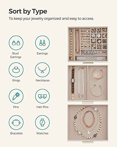 SONGMICS Jewelry Box Organizer with Glass Lid, 3-Layer Jewelry Storage, with 2 Drawers, Modern Style, Christmas Gift, 8 x 9.1 x 5.3 Inches, Cloud White and Gold Color UJBC239WT
