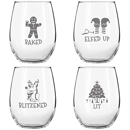 Drunk Christmas Funny Stemless Wine Glasses Set of 4 | Hilarious Christmas Themed Wine Glass for Holiday Party | 4 Designs | 15 oz Cheerful Party Cups & Gift Exchange Idea for White Elephant, Xmas