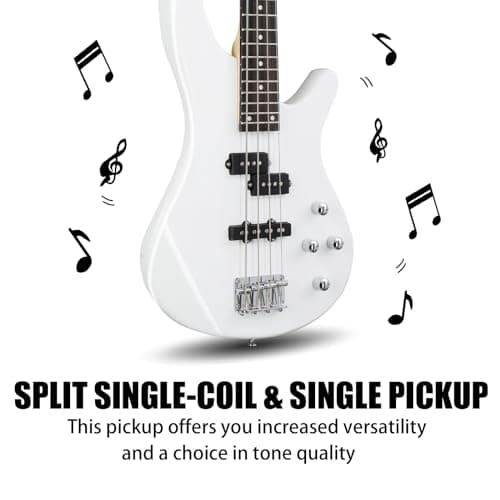 Ktaxon 4 String Electric Bass Guitar, Full Size Standard Right Handed Rosewood Fingerboard Beginner Kit with Cable Wrench Tool (White)