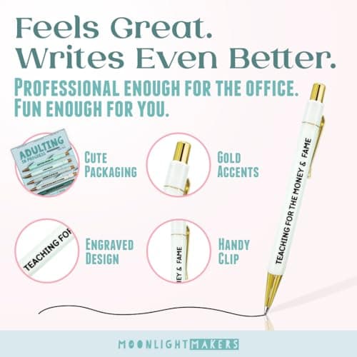Engraved Funny Pens for Adults, Appreciation Gifts, Ideal Desk Decor for Work and Office Desk, Cute Packaging, Handy Clips Moonlight Makers Ballpoint Pens Black Ink, Set of 5, Adulting in Progress B0FLSB39H6