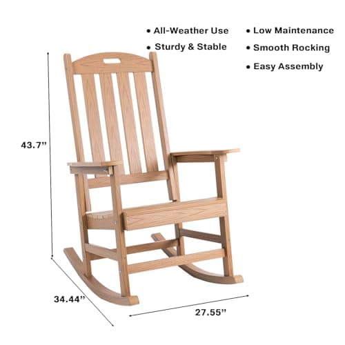 Rocking Chair Indoor Oversized Wooden Slatted Porch Rocker for Outdoor All Weather Lounge Garden Chair Comfortable Seating for Patio Deck Backyard Lawn Fire Pit, Wide Seat and High Back, Teak