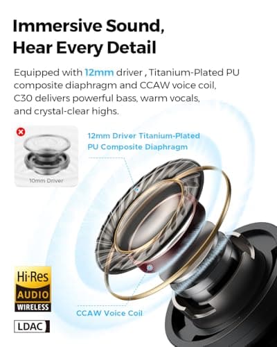 SOUNDPEATS C30 Hybrid ANC Earbuds with LDAC Hi-Res Audio, 52H Playtime -52dB Adaptive Noise Cancelling Wireless Earbuds, 6-Mic Clear Call, 12mm Driver, Bluetooth 6.0, Multi-Point, IP54 for Work/Travel