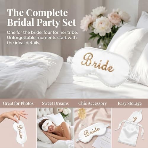 WJINGYIJIA Bridal Party Satin Sleep Mask Set, 1 Bride and 4 Bridesmaid Eye Masks, Gold Embroidered, Bachelorette Party Favors, 5 Pack (Pale Rose, One Size) B0H1G7NJB3