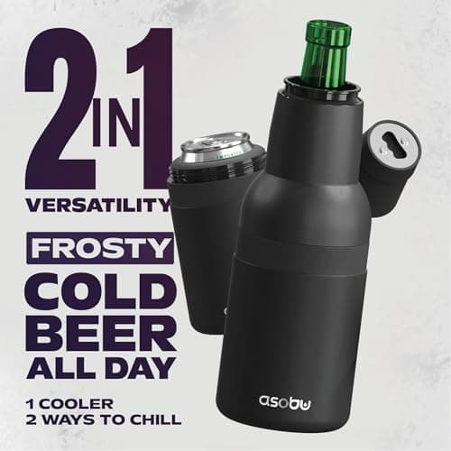 Asobu Frosty Beer Holder,2 Go Vacuum Insulated Double Walled Stainless Steel Beer Can and Bottle Cooler with Beer Opener, Bpa Free, Fits Standard 12oz, Ice Cold for Hours, Great Gift for Beer Lovers