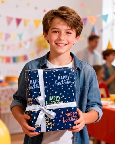 MAYPLUSS Birthday Wrapping Paper Roll, Blue Metallic Holographic Happy Birthday Wrapping Paper Featuring Revesible Stripe Gift Wrap Paper for Boys Kids Girls Men, 17 Inches x 33 Feet B0FX9W1LZD