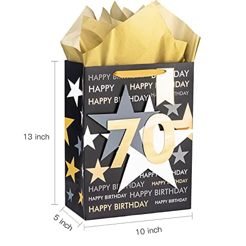 Loveinside Birthday Gift Bag with Tissue Paper and Greeting Card for 70 Birthday - 10" x 5" x 13", 1 Pcs, Black Gold