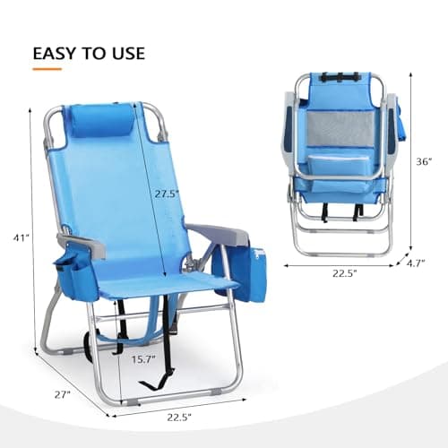 VINGLI Tall Beach Chair 2 Pack Lightweight, Backpack Beach Chair for Adults with 5-Position, Cooler Bag, Cup Holders, Towel Bar, Folding Beach Camping Chairs(16“-Blue)