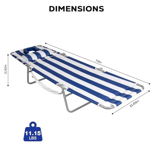 Romswi 2PK Folding Tanning Beach Chair with Face Hole, 5-Position Reclining Sun Lounger, Portable Face Down Tanning Chair with Arm Holes & Side Pocket for Beach, Pool, Patio, Navy and White Stripe