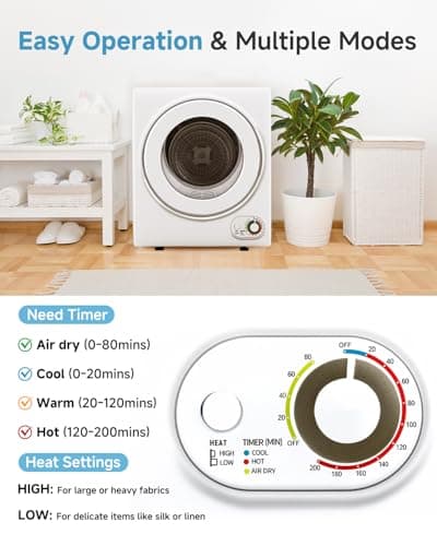 Feelfunn 110V Portable Dryer – 850W Compact Clothes Dryer with 4 Automatic Drying Modes, Stainless Steel Tub, Simple Control Knob for Apartments, Dorms & Small Spaces