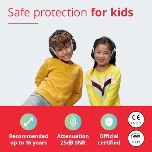 Alpine Muffy Kids - Hearing Protection - CE & ANSI Certified - Adjustable for Ages 3-16 years - Noise Cancelling Headphones - 25dB Sound Reduction Ideal for Protection and Concentration Aid – Black