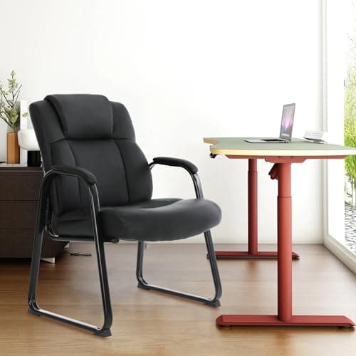 CLATINA Big and Tall Office Chair 500lbs Leather Reception Chair with Bonded Padded Armrest Wide Seat Sled Base Desk Chair No Wheels for Reception Conference Waiting Room Side Office Home, Black