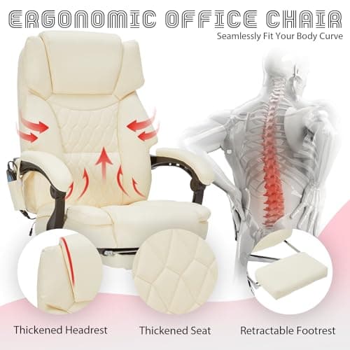 Massage Office Chair with Foot Rest 6 Points Vibration and Heat Home Office Desk Chairs for Heavy People 400lbs Reclining Managerial Chairs Ergonomic Executive Chair (Cream)