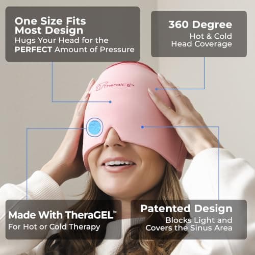 TheraICE Headache Relief Cap, Migraine Ice Pack Mask Products, Women Cooling Gel Hat, Face Cold Compress Head Wrap for Her Stress. Great Birthday Gift for Mom, Sister, Grandma, Girlfriend, & Teacher