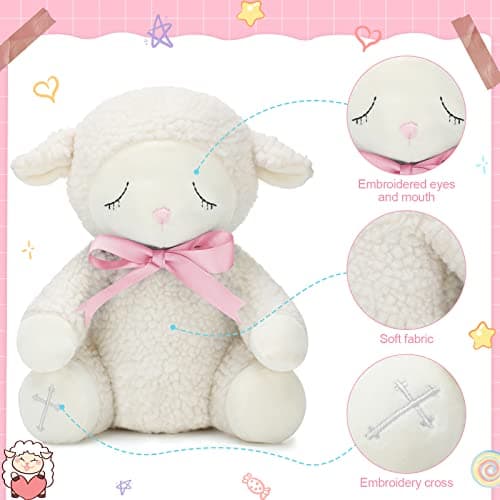 Haull 5 Pcs Christening Baptism Gifts Charms for Girls Granddaughter/Daughter Include 8.5 Inch Plush Lamb Toy Doll Pray Card with Gift Box Baptism Pearls Bracelet with Keepsake Box for Baby Shower