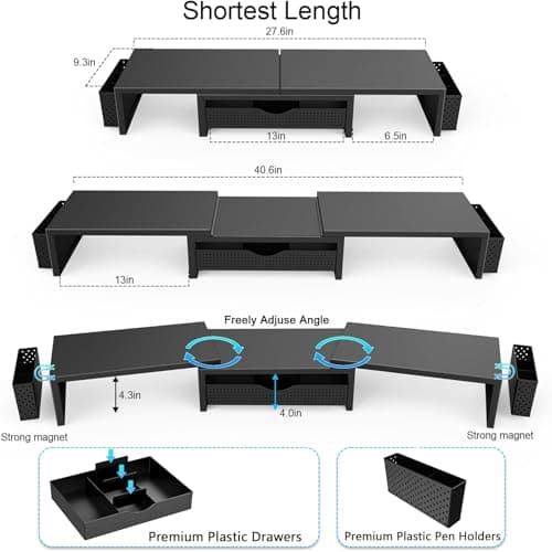 gianotter Dual Monitor Stand Riser, Desk Organizer With Drawer and 2 Pen Holders, Computer Monitor Stand, Desk Shelf for Top of Desk (Black)