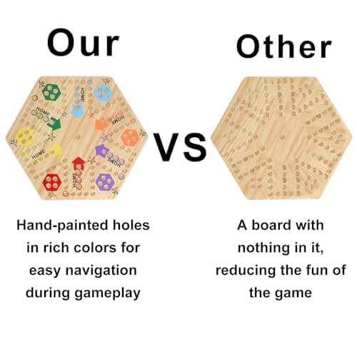 Original Marble Game Wahoo Board Game Double Sided Painted Wooden Fast Track Board Game for 6 and 4 Players 6 Colors 24 Marbles 6 Dice for Family Friends