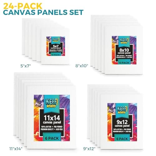 KEFF 24-Pack 𝗣𝗥𝗘𝗠𝗜𝗨𝗠 Canvas for Painting, 6 of 5x7, 8x10, 9x12,11x14 Painting Canvas Boards, Art Supplies for Adults & Kids - 100% Cotton Primed Canvases for Painting Acrylic, Oil, Watercolor B085F4JH1H