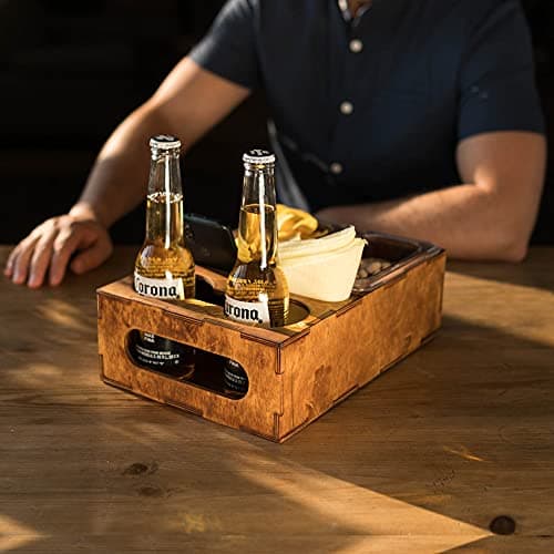 Wood Beer Box - Gift for Beer Lovers, Dad, Man, Him, Boyfriend- Drink Box Snacks Tray- Table Stand Caddy with slots for glasses, chips, nuts- Couch Organizer for Beverages, Remote Control, Phone stand