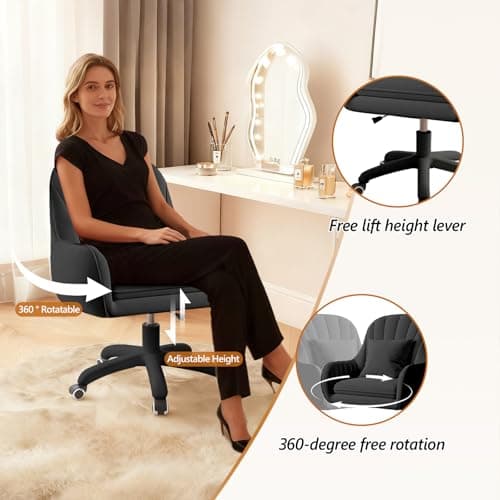 JPBSTO Upholstered Desk Chair with Pillow Swivel Rolling Accent Chair for Women Girls, Adjustable Height Vanity Chair with Wheels for Living Room, Home Office, Black