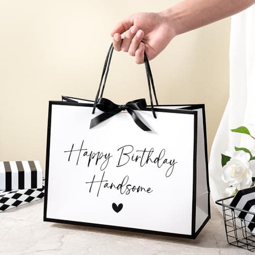 Loveinside 13" Large Birthday Gift Bag, White & Black Happy Birthday Handsome Elegant Script Design Party Bag with Bow Ribbon for Men, Husband, Boyfriend, Party Gift, 13" x 5" x 10", 1 Pcs B0GGZD2DT9