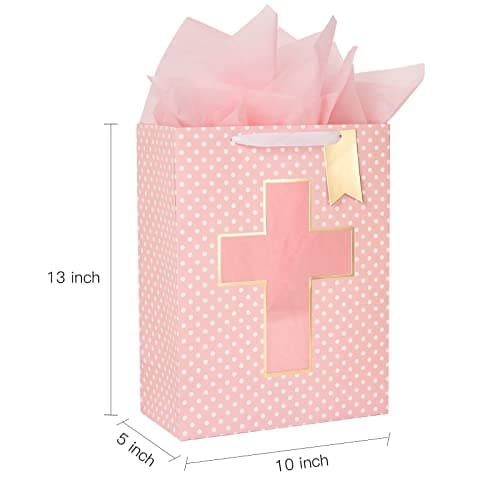 Loveinside Pink Gift Bag with Cross Design, Tissue Paper for Baby Girl Baptisms, Christenings, First Communions Religious Occasion- 10" x 5" x 13", 1 Pcs