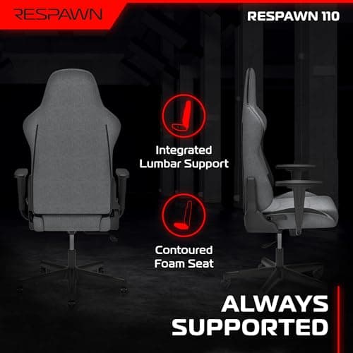 Respawn 110 Ergonomic Gaming Chair - Reclining Office Video Game Swivel Chair with Lumbar Support, Headrest, Heavy Duty, High Back, Racing Style Gaming Recliner Seat for Computer Gamer - Gray Fabric