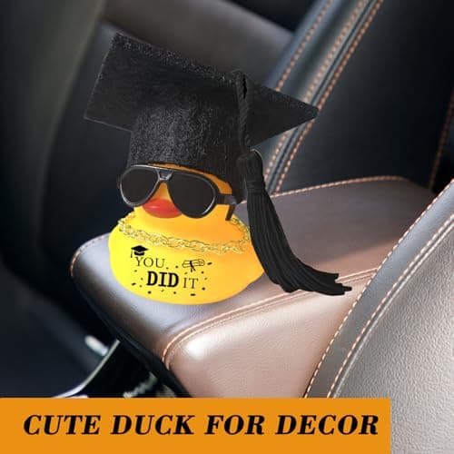 Car Dashboard Decor Graduation Hat Rubber Duck, Car Accessories Ornaments with Mini Graduation Cap, Necklace, Sunglasses for Graduates Students Grad Gift (Black) B0F26CJXTB