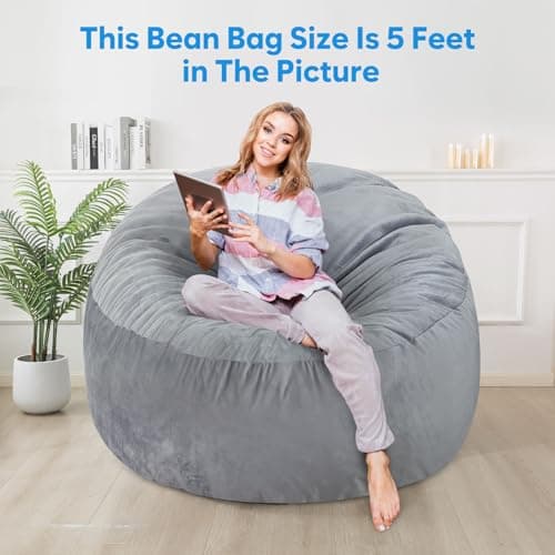 SHOUREN 3 Ft Bean Bag Chair,Memory Foam Bean Bag Chairs for Adults,Bean Bag Sofa for Living Room,Beanbag with Filler Included,Soft Velvet Fabric,Pull-Handle - 3 Foot,Dark Grey