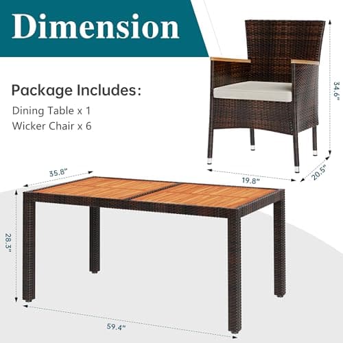 Shintenchi 7 Piece Patio Dining Set, Wicker Patio Conversation Set with Wooden Table Top, Outdoor Table and Chairs with Soft Cushions for Backyard, Deck and Garden, Brown Rattan