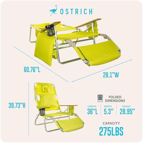 Ostrich the Deluxe 3N1 Lightweight Lawn Beach Reclining Lounge Chair with Footrest, Outdoor Furniture for Patio, Balcony, Backyard, or Porch, Lime