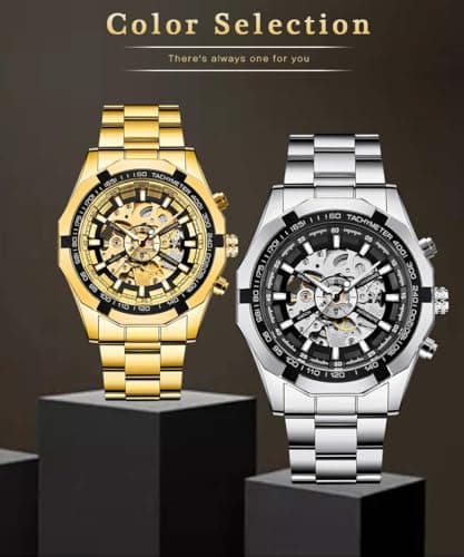 FANMIS Classic Mens Skeleton Automatic Mechanical Watches Luxury Carving Flower Craft Watch with Stainless Steel Waterproof Bracelet Wrist Watch