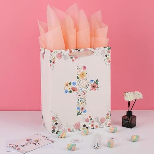 Qirrmiy 13" Large Light Yellow Floral Gift Bag Set with Greeting Card and Tissue Papers for First Communions, Baby Girl Baptisms, Christenings, Religious Occasions - 10.2'x5.2'x13', 1 Pcs.