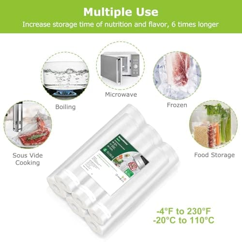 Bonsenkitchen Vacuum Sealer Rolls Bags, 6 Pack 3 Rolls 11" x 20' + 3 Rolls 8" x 20' Commercial Grade BPA Free Bag Rolls, Durable Customized Size Food Vac Bags for Storage and Sous Vide Cooking VB3211