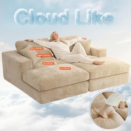80.7" Oversized Double Chaise Lounge Chair Indoor, Cloud Boneless Sleeper Sofa Bed with 4 Pillows, Extra Deep Seat Cozy Loveseat Couch for Living Room Bedroom, No Assembly Required (Khaki)