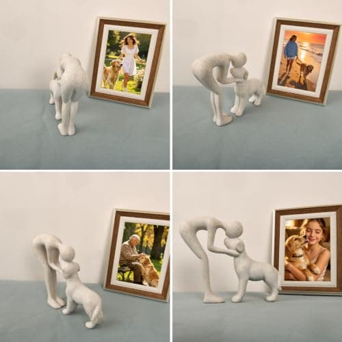 abstract sculpture celebrating the bond between person and pet. Intimate head-to-head Touching memory keepsake for dog lovers Abstract Person and Dog Head-to-Head Figurine Sandstone B0D9JVYT9V