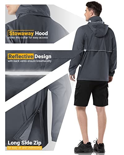 Outdoor Ventures Men's Rain Jacket Waterproof Lightweight Packable Rain Pullover for Hiking Golf Running
