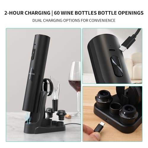CIRCLE JOY Rechargeable Wine Opener Electric Wine Bottle Opener 7-in-1 Wine Gift Set with Electric Vacuum Pump, Charging Station, Foil Cutter, Wine Aerator Pourer and 2 Wine Stoppers