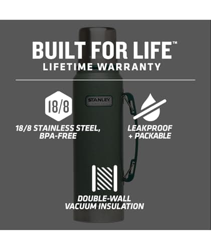 Stanley Heritage Classic Vacuum Bottle with Handle 1.1 qt | Wide Mouth w/Leakproof Cup Lid | Keep Drinks Hot or Cold | Insulated Stainless Steel Thermal Bottle | BPA-Free | Hammertone Green