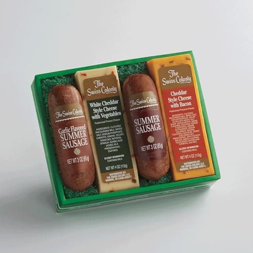 The Swiss Colony Cheese & Sausage 4-Pack – Original and Garlic Summer Sausages with Bacon, and Vegetable Cheese, Charcuterie Gift Basket for Holiday, Thank You Gifts, Adults, Women, Men, 14 oz.