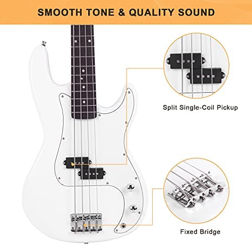 GLARRY Full Size Electric Bass Guitar Beginner Kit 4 String Exquisite Basswood Bass with 20W AMP, Cable, Strap, Bag and Accessories (White, 39"Right Handed)
