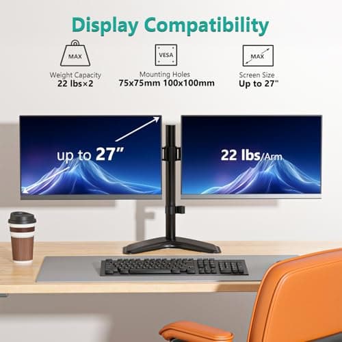 WALI Dual Monitor Stand for Desk, Monitor Stands for 2 Monitors up to 27 inch, Dual Monitors Mount Fits up to 22lbs, Free Standing Full Motion Dual Monitors Arm for Desk (MF002), Black