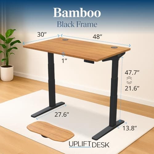 UPLIFT DESK Bamboo (48 x 30 inch) Standing Desk 2-Leg V3 Adjustable Stand Up C-Frame (Black), Advanced Keypad, Wire Grommets, Wire Tray, Rocker Board